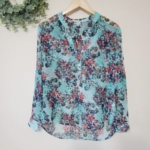 Kut from the Kloth Teal Floral Blouse Med Petite